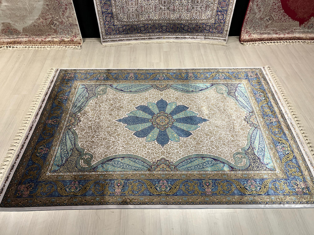 Blue Gray Medallion Modal Silk Rug, Turkish Anatolian Style (5X8 ft)