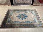 Blue Gray Medallion Modal Silk Rug, Turkish Anatolian Style (5X8 ft)