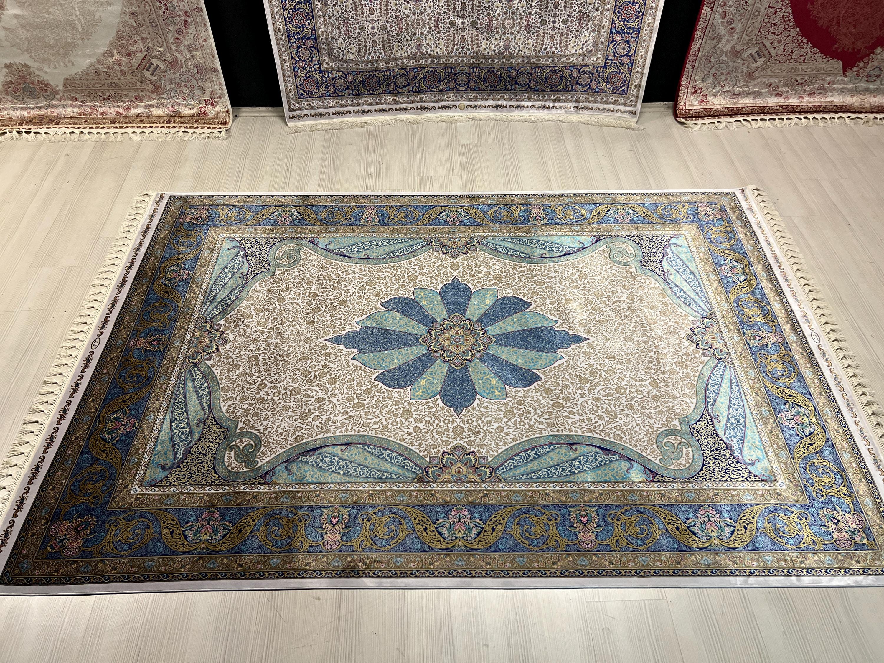 Blue Gray Medallion Modal Silk Rug, Turkish Anatolian Style (5X8 ft)