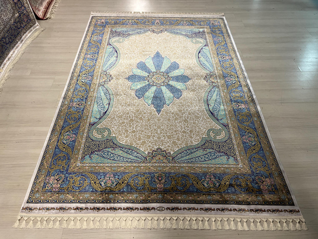 Blue Gray Medallion Modal Silk Rug, Turkish Anatolian Style (5X8 ft)