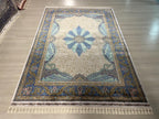 Blue Gray Medallion Modal Silk Rug, Turkish Anatolian Style (5X8 ft)