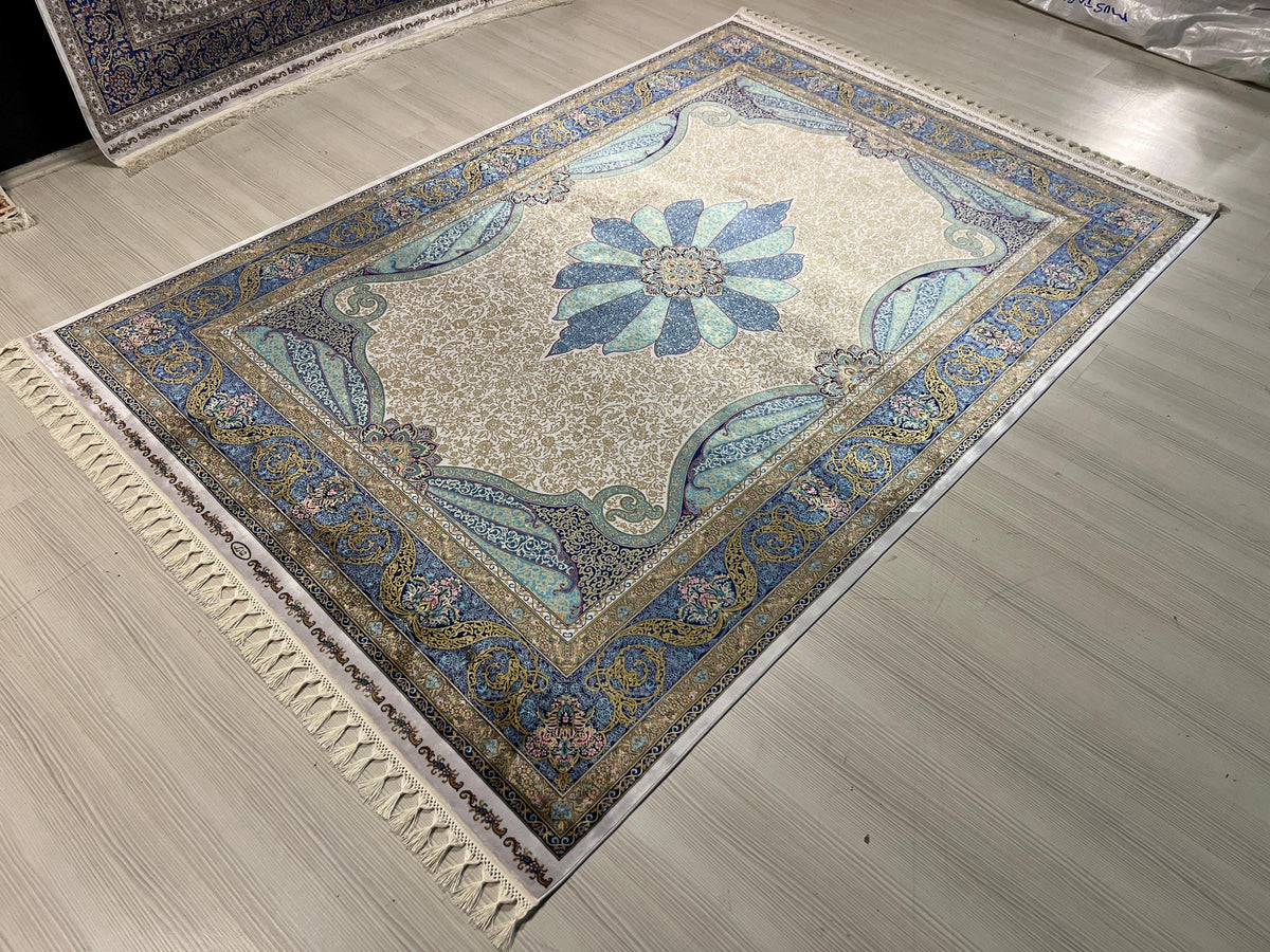 Blue Gray Medallion Modal Silk Rug, Turkish Anatolian Style (5X8 ft)