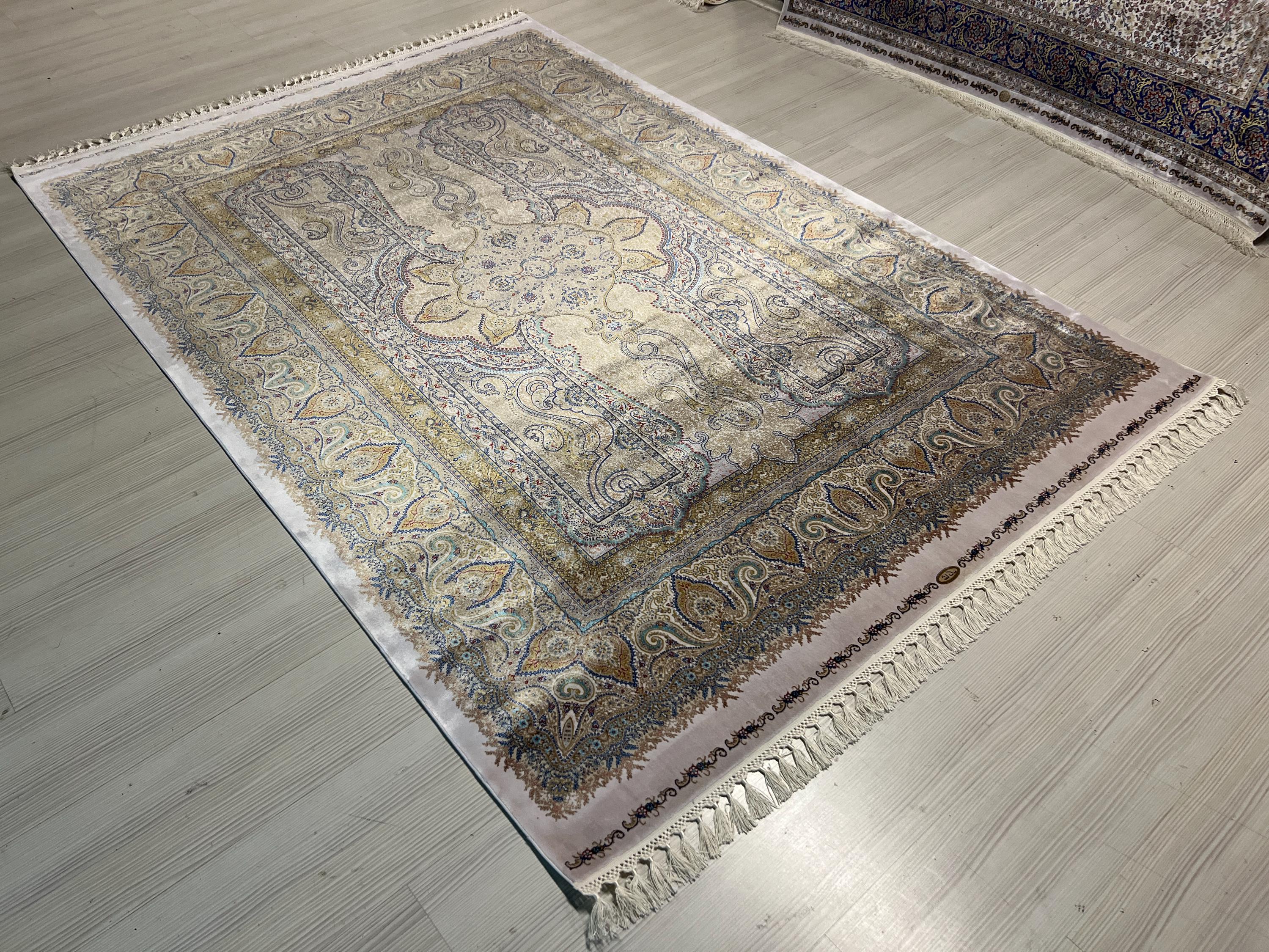 5x8 ft Cream Silk Oriental Rug, Traditional Turkish Area Carpet, Luxury Living Room Rug