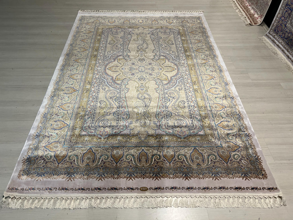 5x8 ft Cream Silk Oriental Rug, Traditional Turkish Area Carpet, Luxury Living Room Rug
