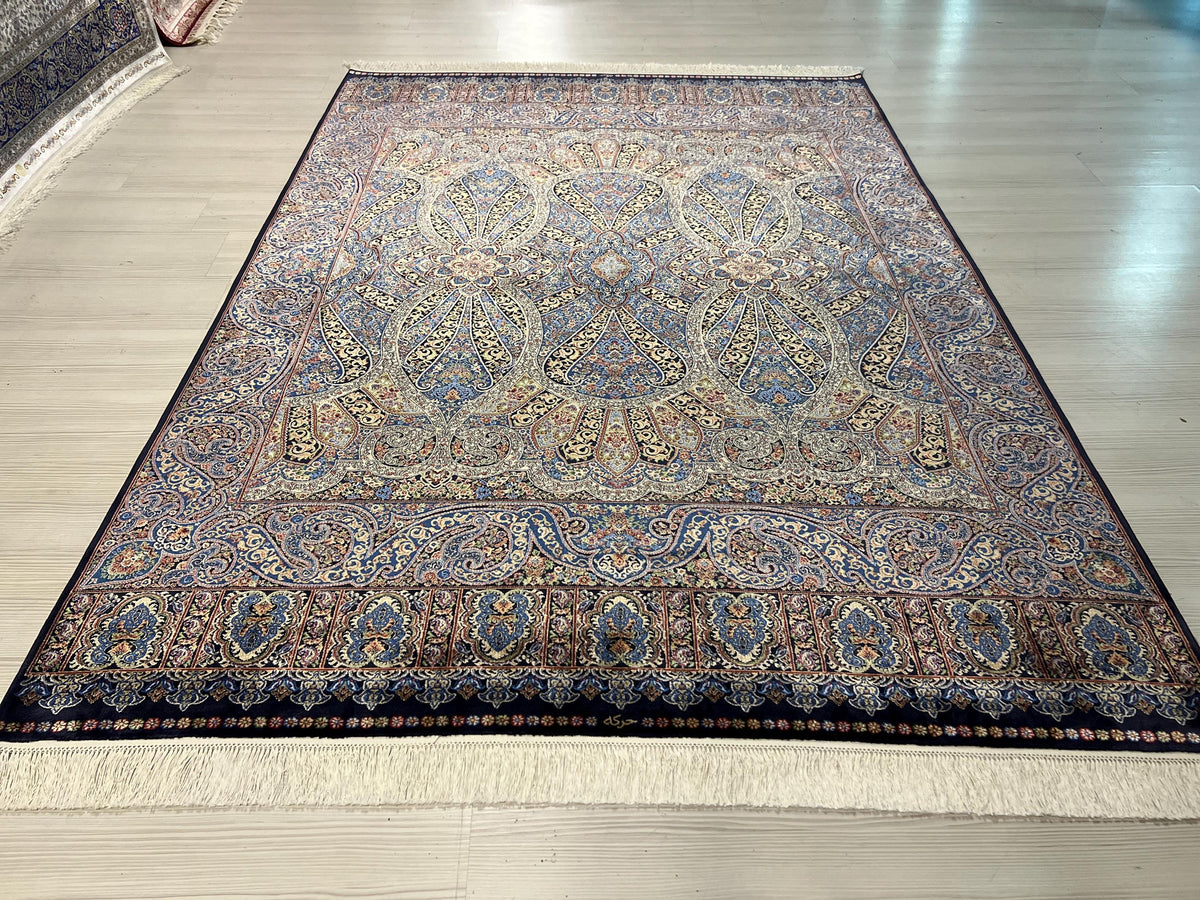 5x8 ft Navy Blue Silk Rug, Modern Luxury Living Room Rug