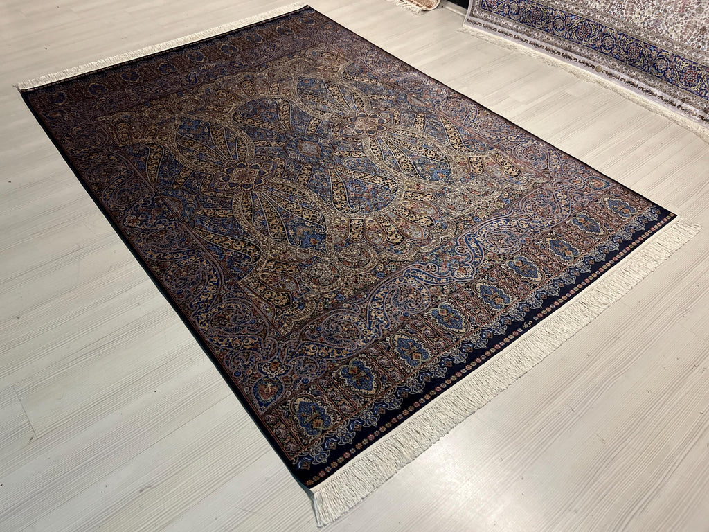5x8 ft Navy Blue Silk Rug, Modern Luxury Living Room Rug