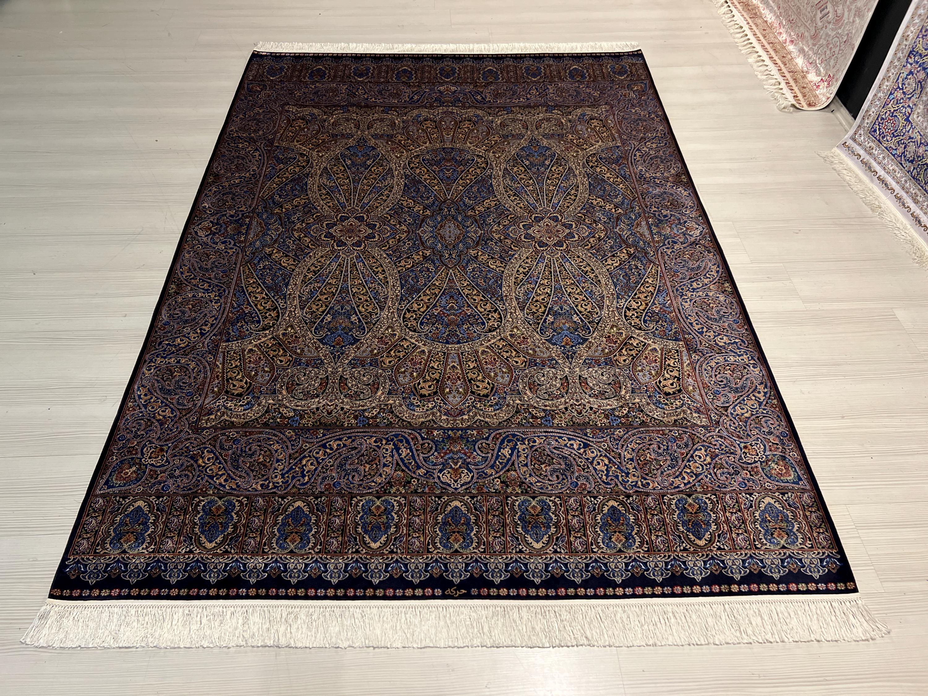 5x8 ft Navy Blue Silk Rug, Modern Luxury Living Room Rug