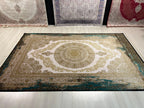 Gold Green Medallion Silk Rug, Turkish Anatolian Style (7x10 ft)