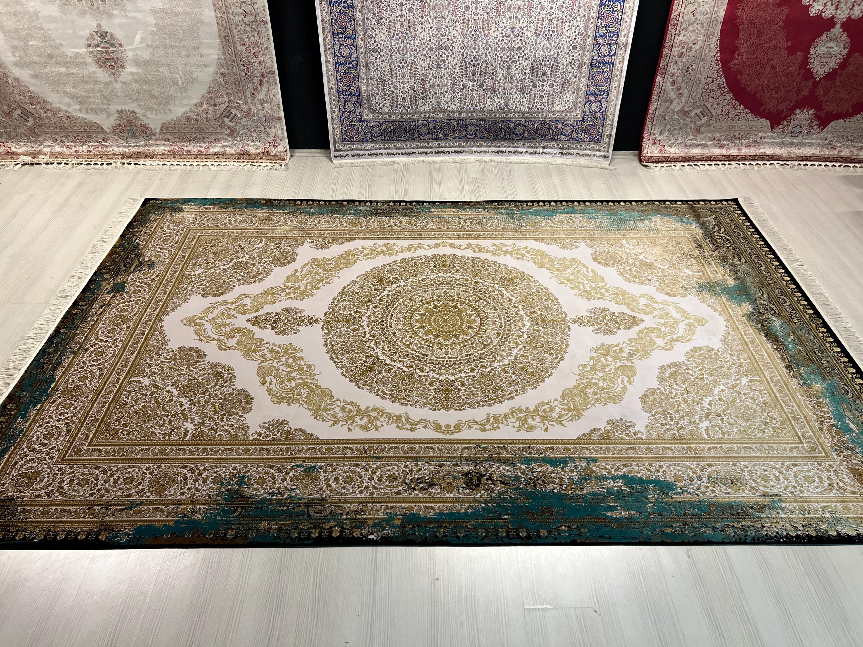Gold Green Medallion Silk Rug, Turkish Anatolian Style (7x10 ft)