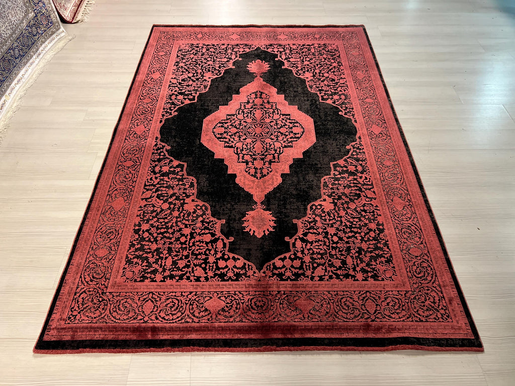5x8 ft Black Bamboo Rug, Red Medallion Turkish Style Living Room Rug