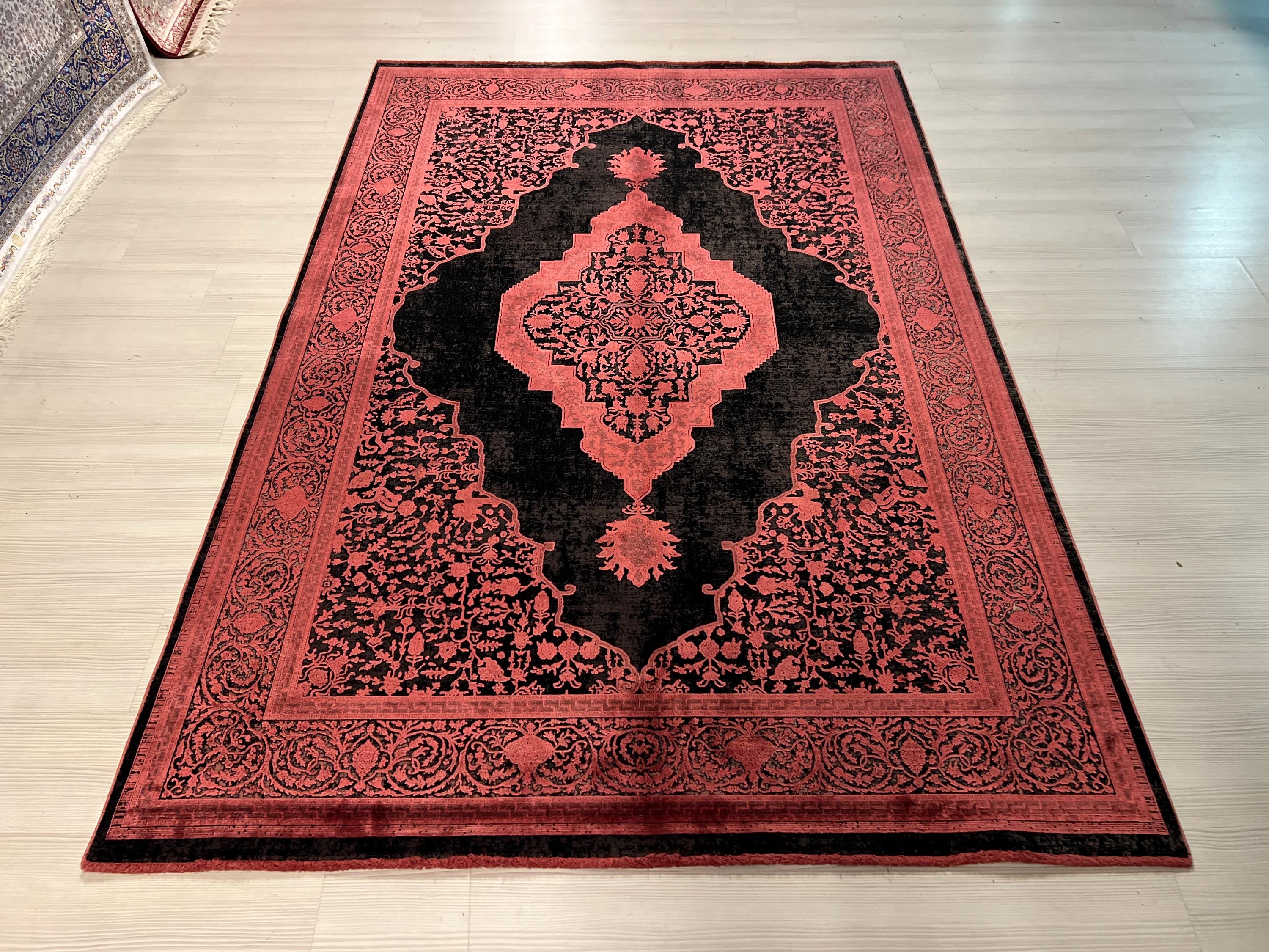 5x8 ft Black Bamboo Rug, Red Medallion Turkish Style Living Room Rug