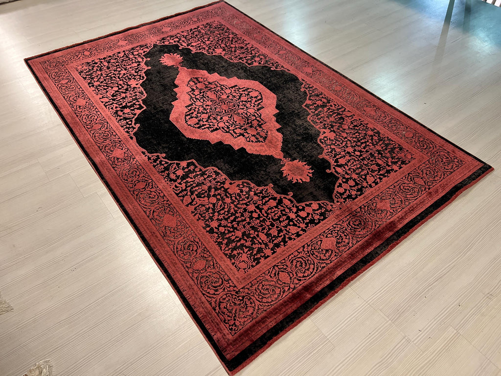 5x8 ft Black Bamboo Rug, Red Medallion Turkish Style Living Room Rug