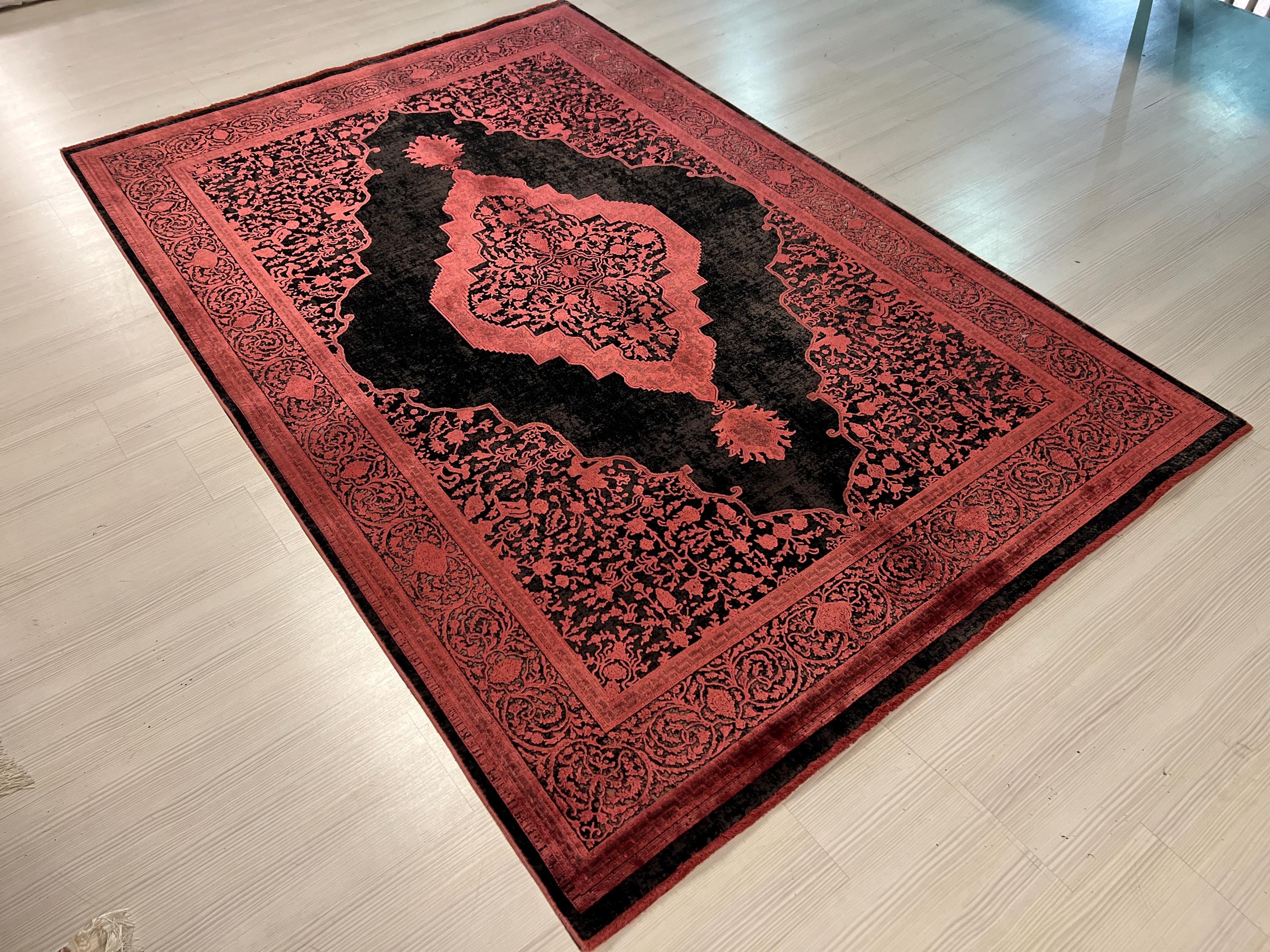 5x8 ft Black Bamboo Rug, Red Medallion Turkish Style Living Room Rug