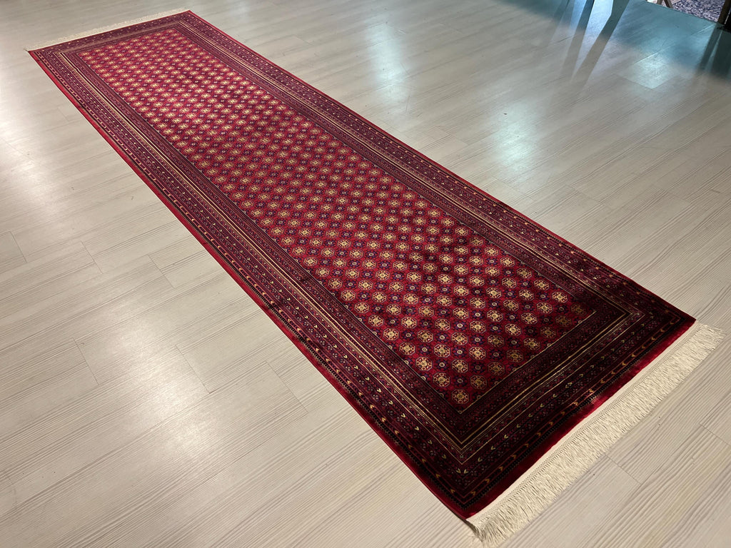 3x10 Red Bokhara Runner Rug, Geometric Gul Pattern, Turkish Hallway Decor