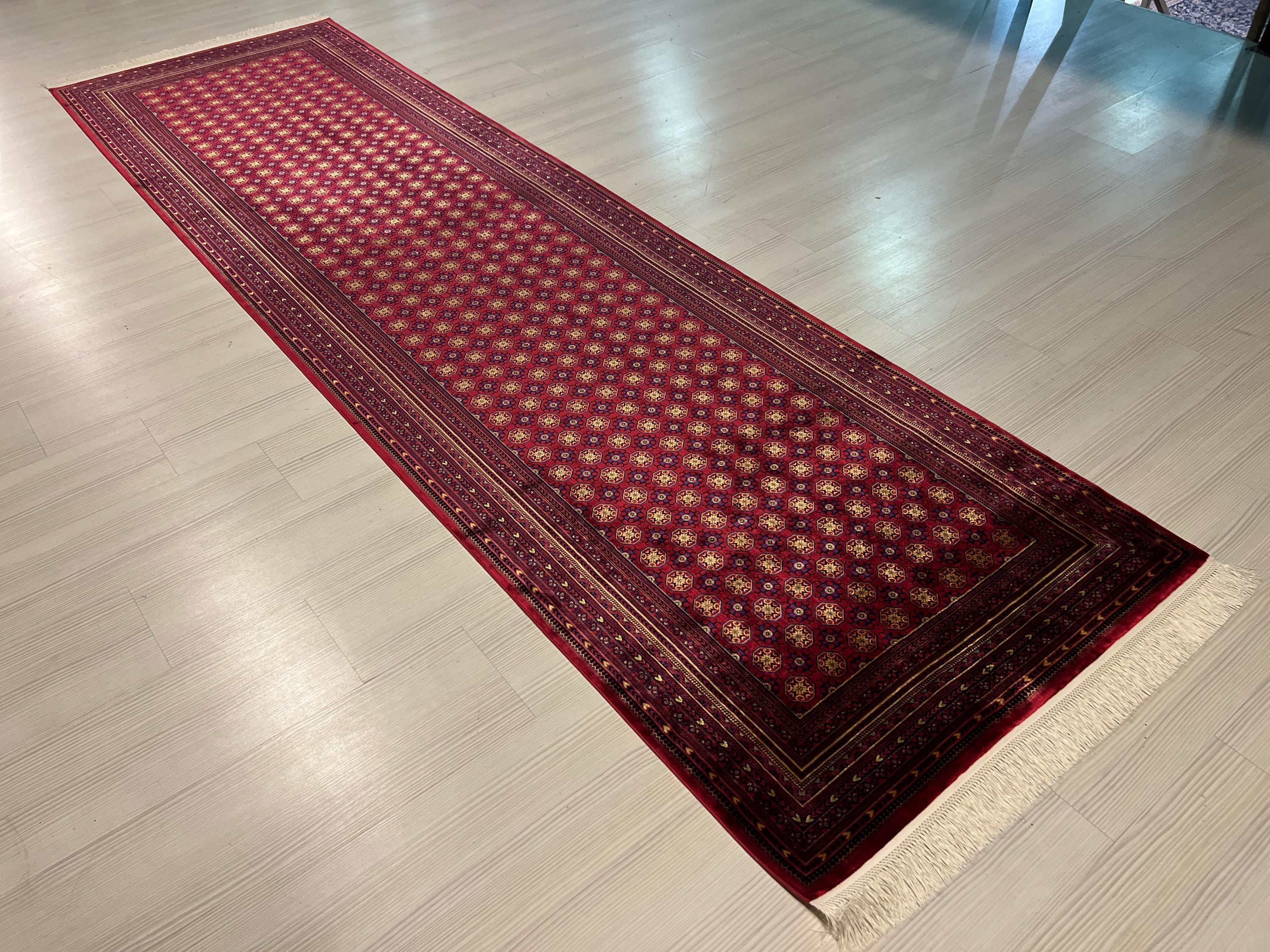 3x10 Red Bokhara Runner Rug, Geometric Gul Pattern, Turkish Hallway Decor