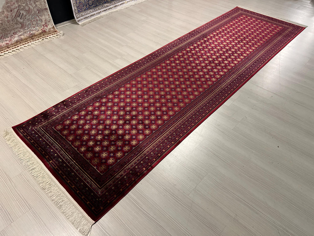3x10 Red Bokhara Runner Rug, Geometric Gul Pattern, Turkish Hallway Decor