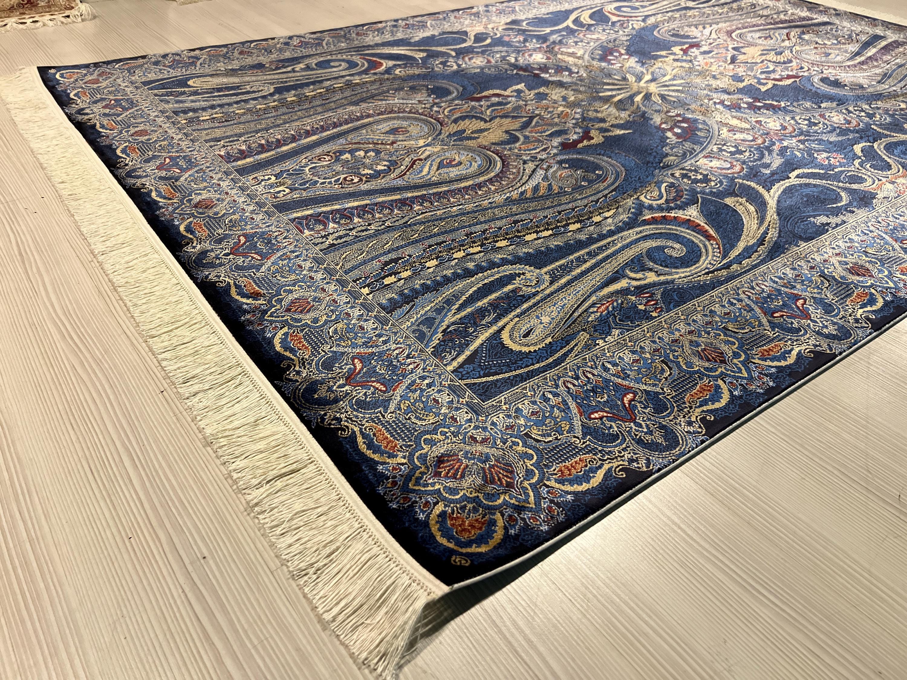 5x8 ft Blue Oriental Silk Rug, Modern Turkish Style Area Rug
