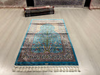3x4 ft Turquoise Floral Modal Silk Prayer Rug, Muslim İslamic Turkish Style Gift