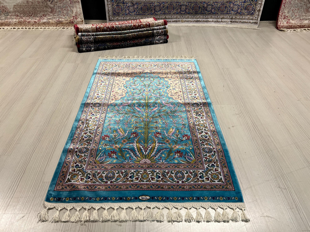3x4 ft Turquoise Floral Modal Silk Prayer Rug, Muslim İslamic Turkish Style Gift