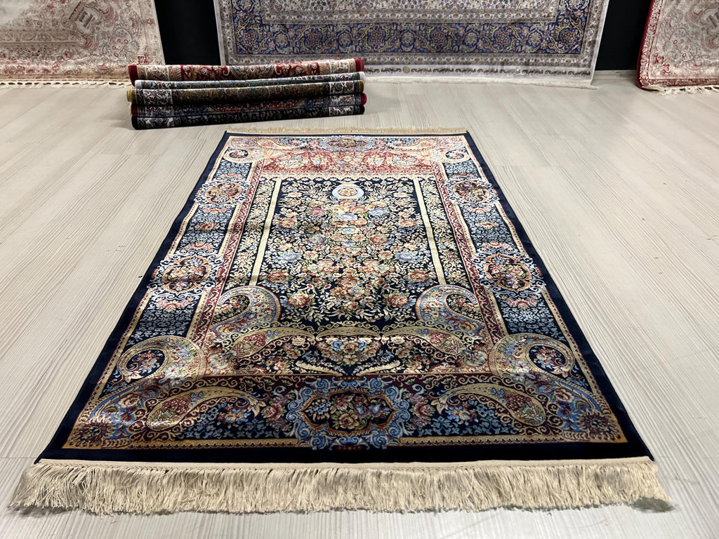 Navy Floral Vase Modal Silk Rug, Luxury Turkish Accent Carpet