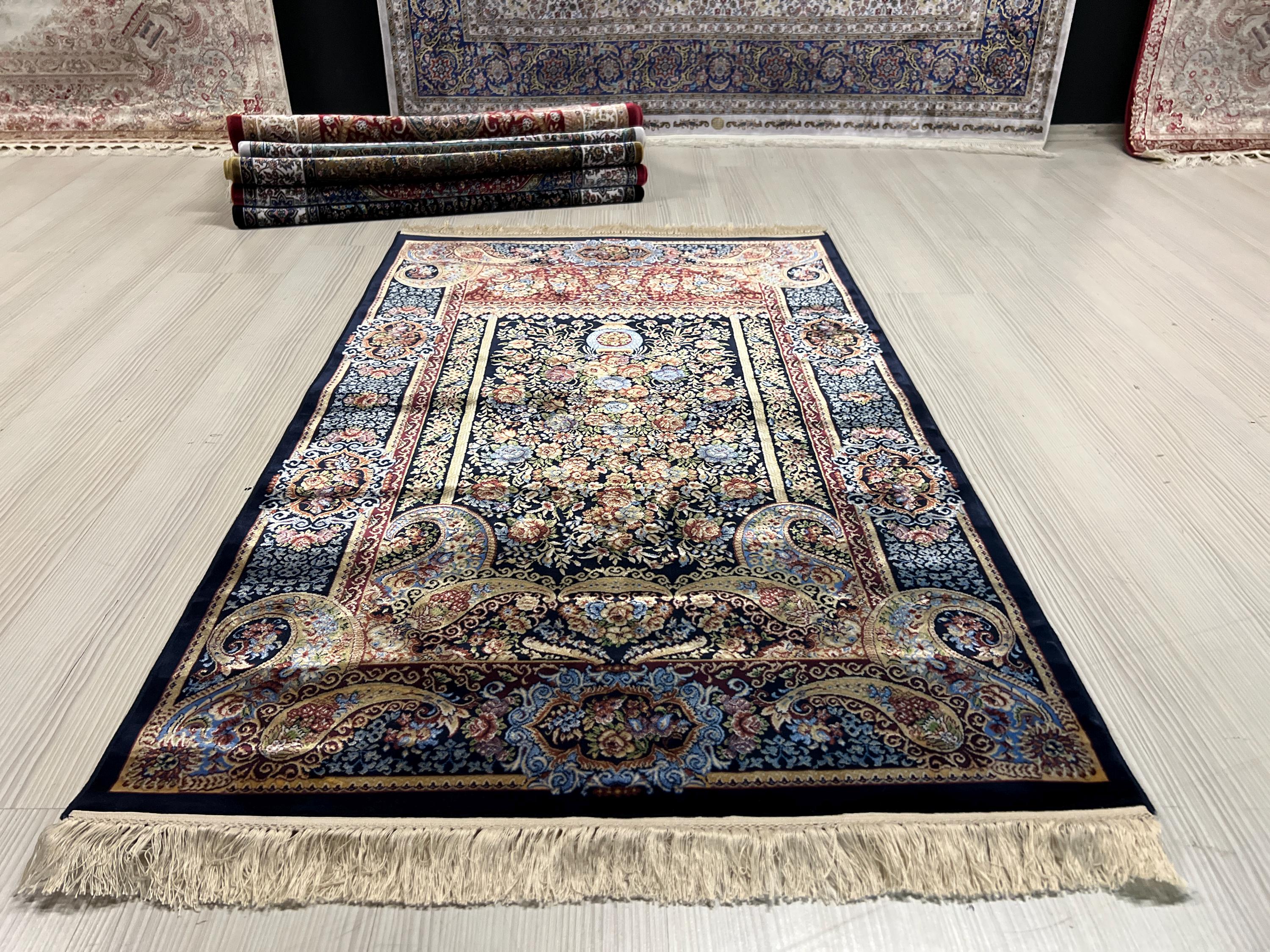 Navy Floral Vase Modal Silk Rug, Luxury Turkish Accent Carpet