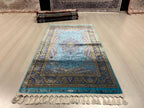 3x5 Turquoise Runner Rug,  Modal Silk Turkish Hallway Rug, Floral Medallion Patternd Home Decor