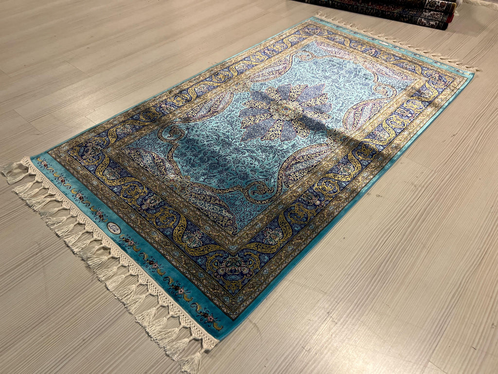 3x5 Turquoise Runner Rug,  Modal Silk Turkish Hallway Rug, Floral Medallion Patternd Home Decor