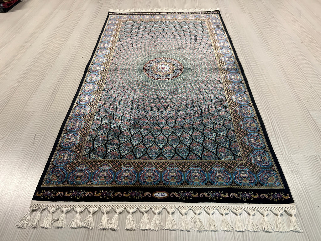 3x5 ft Blue Black Modal Silk Runner, Peacock Feather Design, Turkish Style Hallway Rug