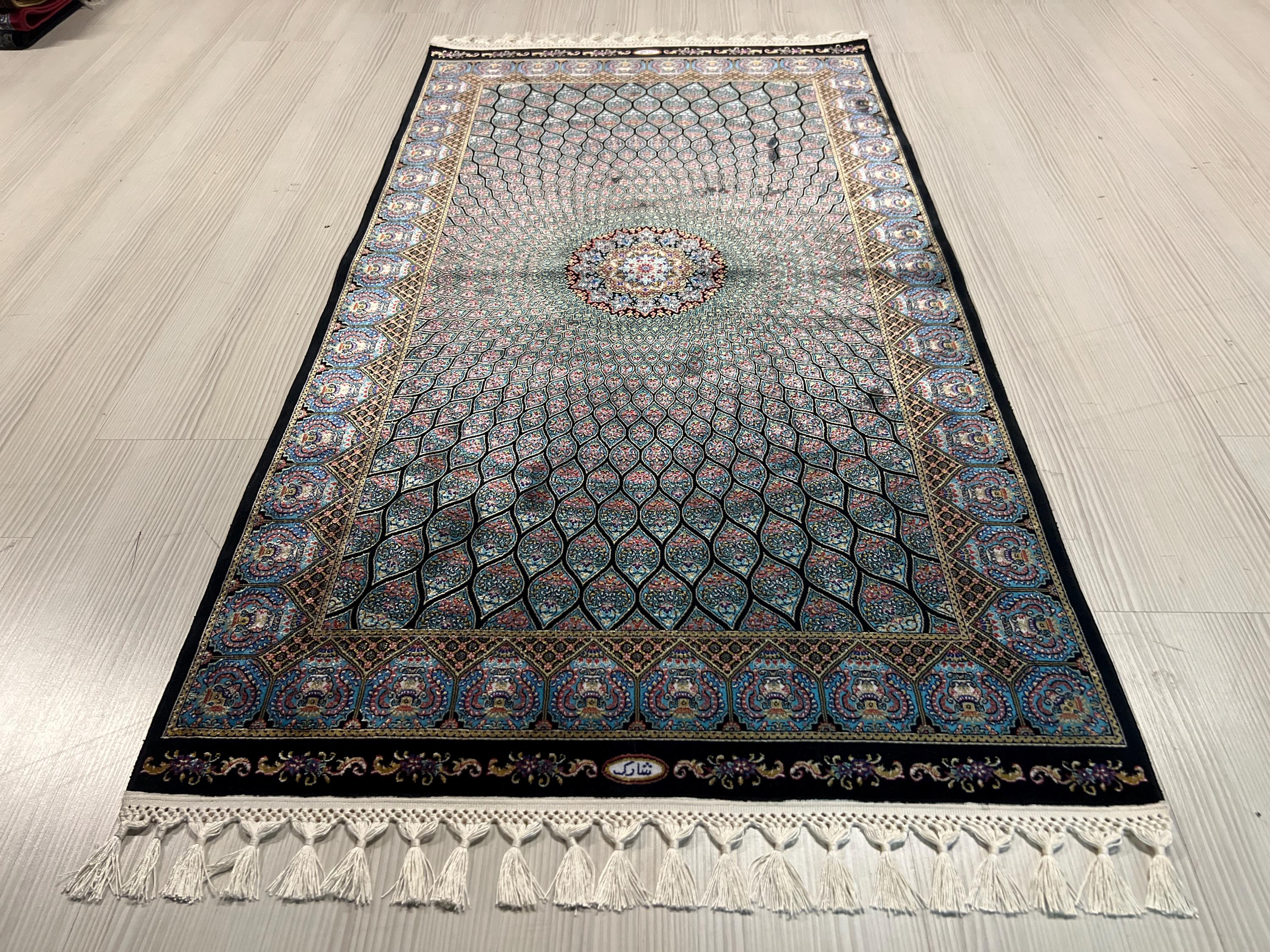 3x5 ft Blue Black Modal Silk Runner, Peacock Feather Design, Turkish Style Hallway Rug