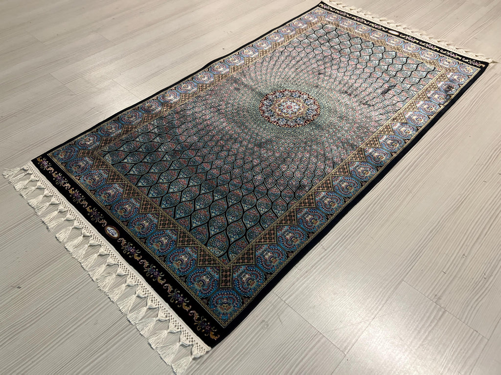 3x5 ft Blue Black Modal Silk Runner, Peacock Feather Design, Turkish Style Hallway Rug