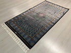 3x5 ft Blue Black Modal Silk Runner, Peacock Feather Design, Turkish Style Hallway Rug
