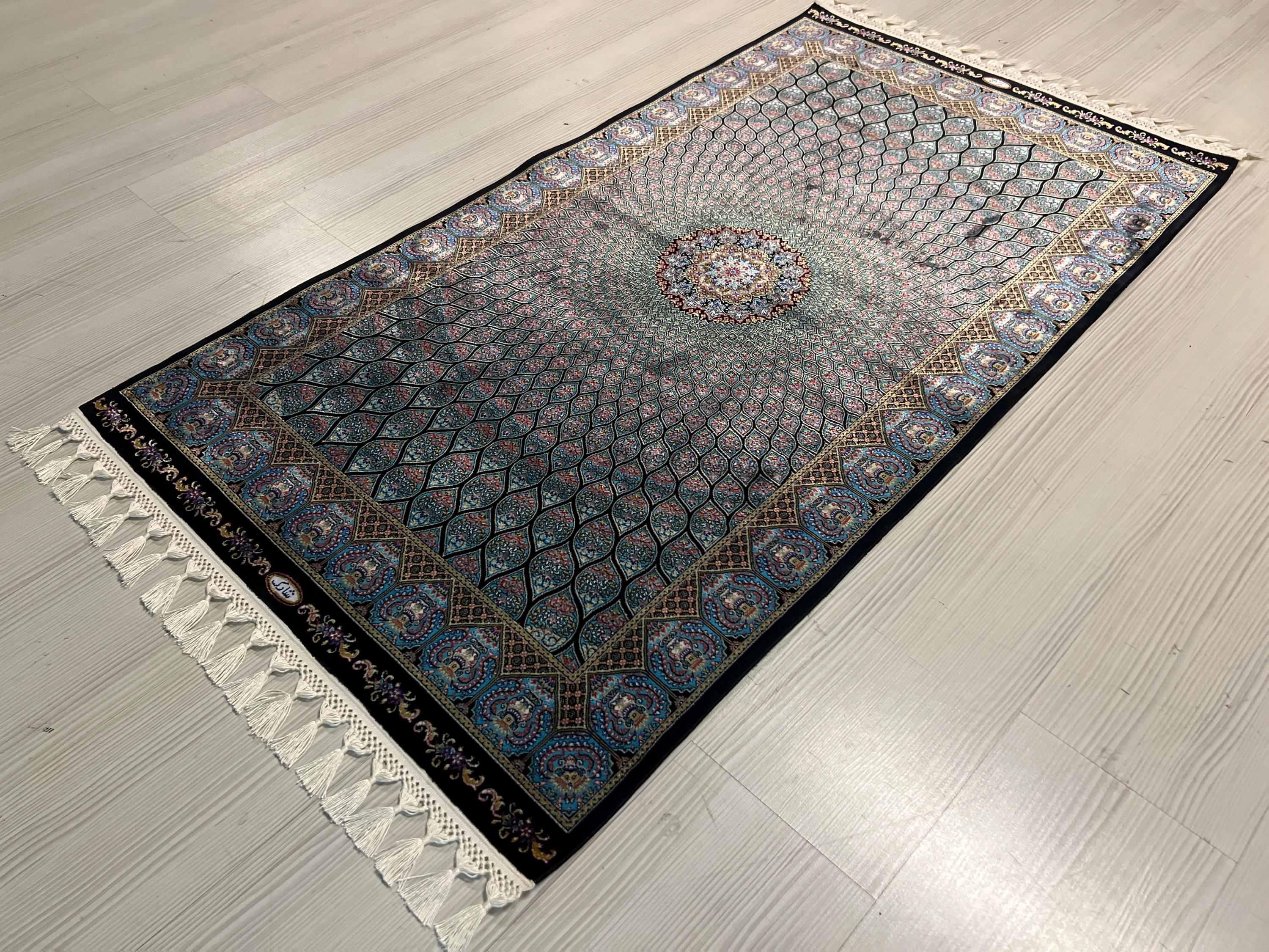 3x5 ft Blue Black Modal Silk Runner, Peacock Feather Design, Turkish Style Hallway Rug