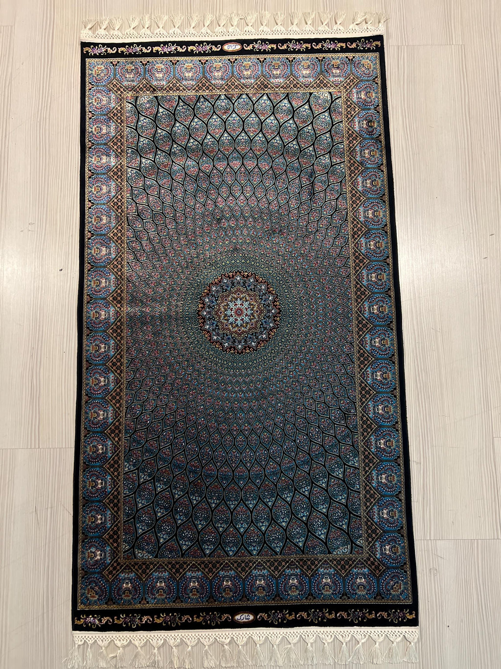 3x5 ft Blue Black Modal Silk Runner, Peacock Feather Design, Turkish Style Hallway Rug