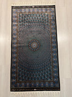 3x5 ft Blue Black Modal Silk Runner, Peacock Feather Design, Turkish Style Hallway Rug