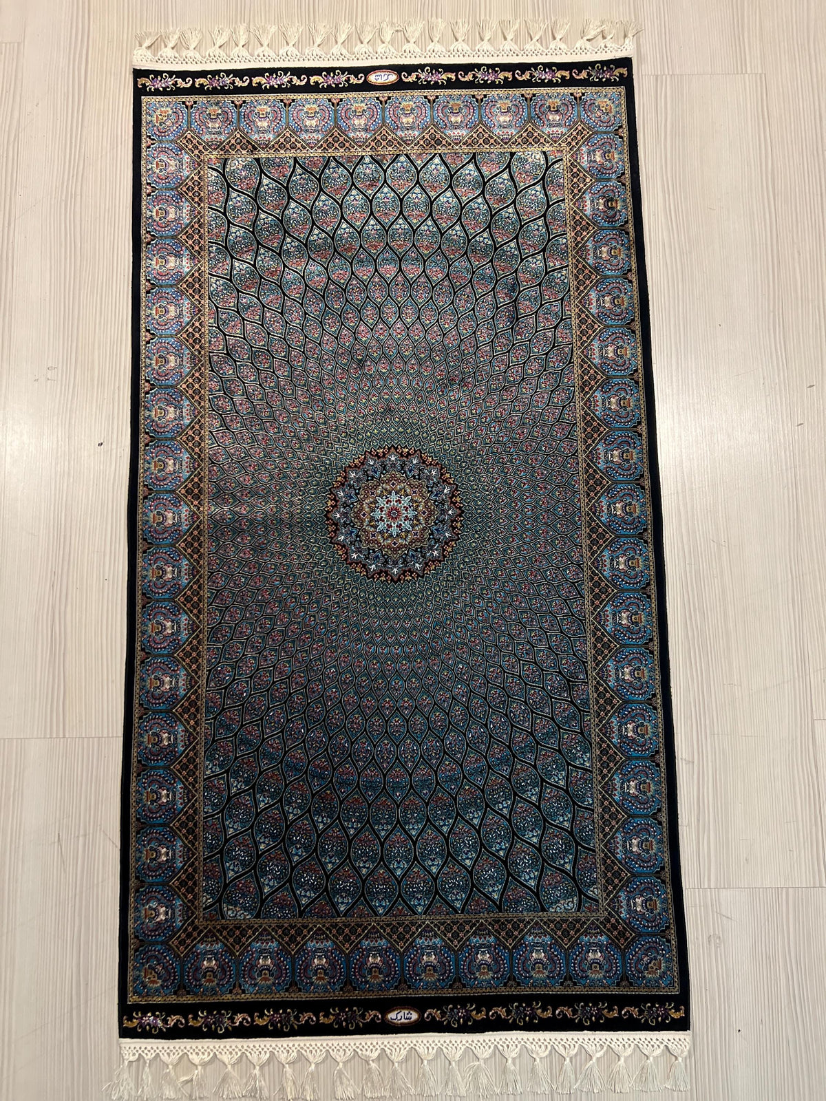 3x5 ft Blue Black Modal Silk Runner, Peacock Feather Design, Turkish Style Hallway Rug