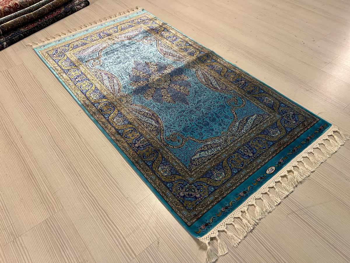 3x5 Turquoise Runner Rug,  Modal Silk Turkish Hallway Rug, Floral Medallion Patternd Home Decor