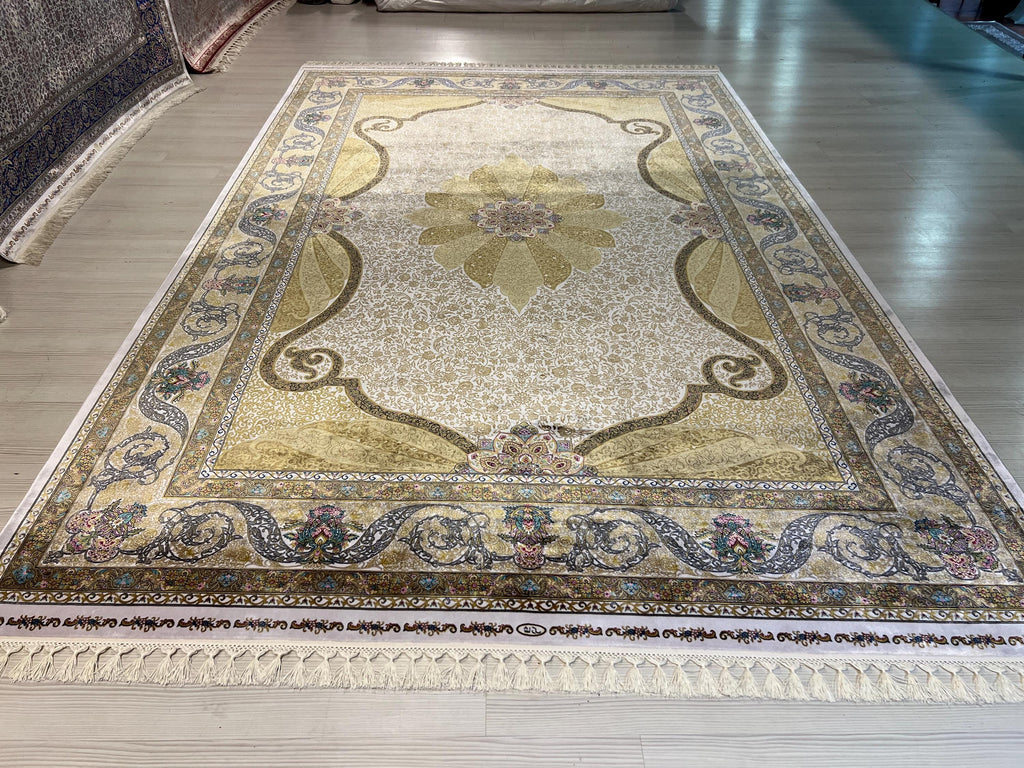 5x8 ft Cream Silk Area Rug, Floral Medallion Design, Luxury Turkish Living Room Rug