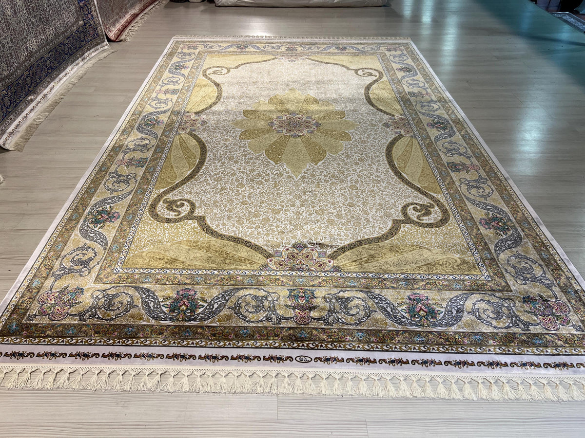 5x8 ft Cream Silk Area Rug, Floral Medallion Design, Luxury Turkish Living Room Rug