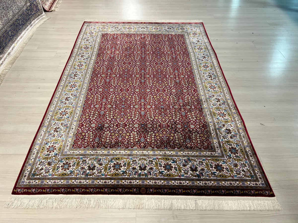 Red Floral Turkish Silk Rug, 5x8 ft, Anatolian Rug