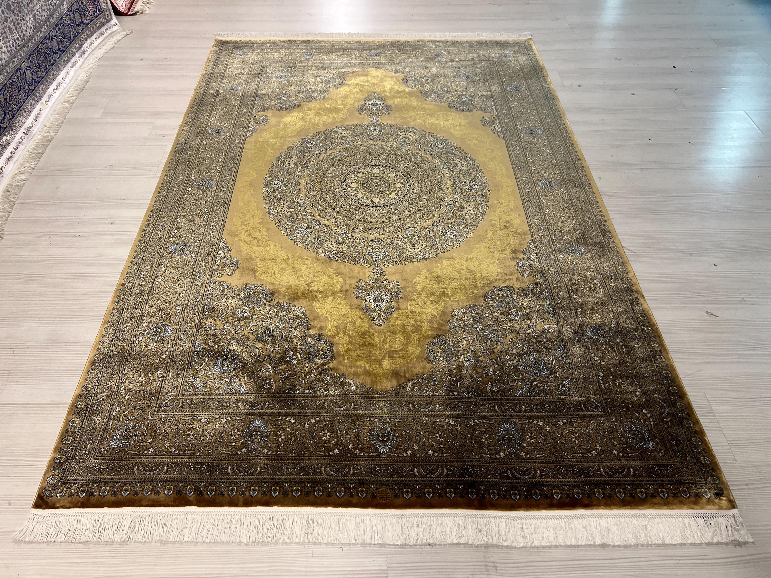 5x8 ft Gold Medallion Rug, Modal Silk Carpet, Luxury Turkish Living Room Rug