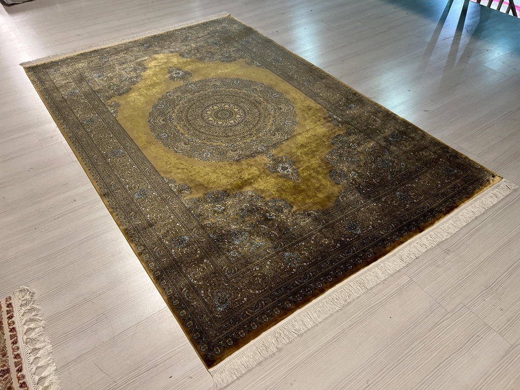 5x8 ft Gold Medallion Rug, Modal Silk Carpet, Luxury Turkish Living Room Rug