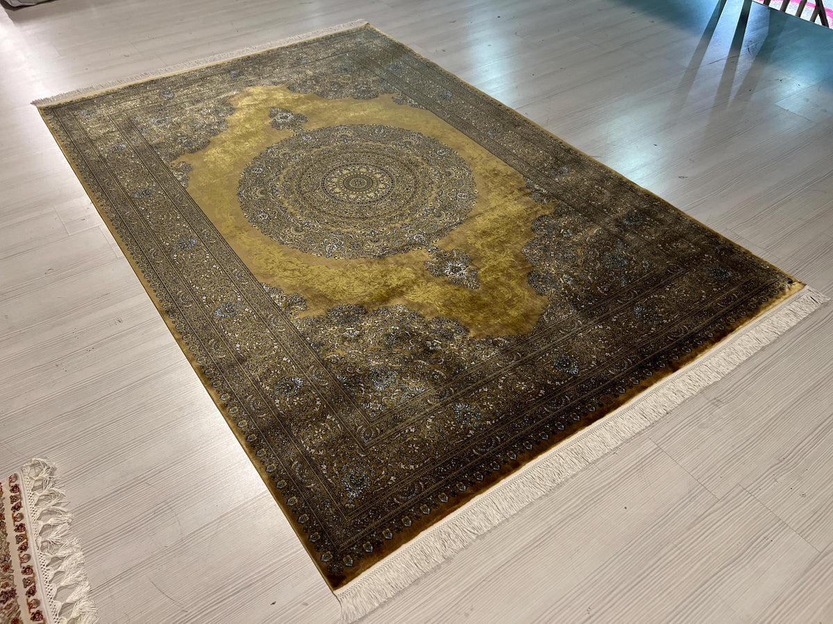5x8 ft Gold Medallion Rug, Modal Silk Carpet, Luxury Turkish Living Room Rug