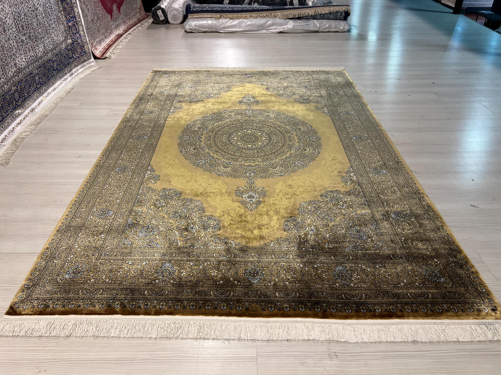 5x8 ft Gold Medallion Rug, Modal Silk Carpet, Luxury Turkish Living Room Rug