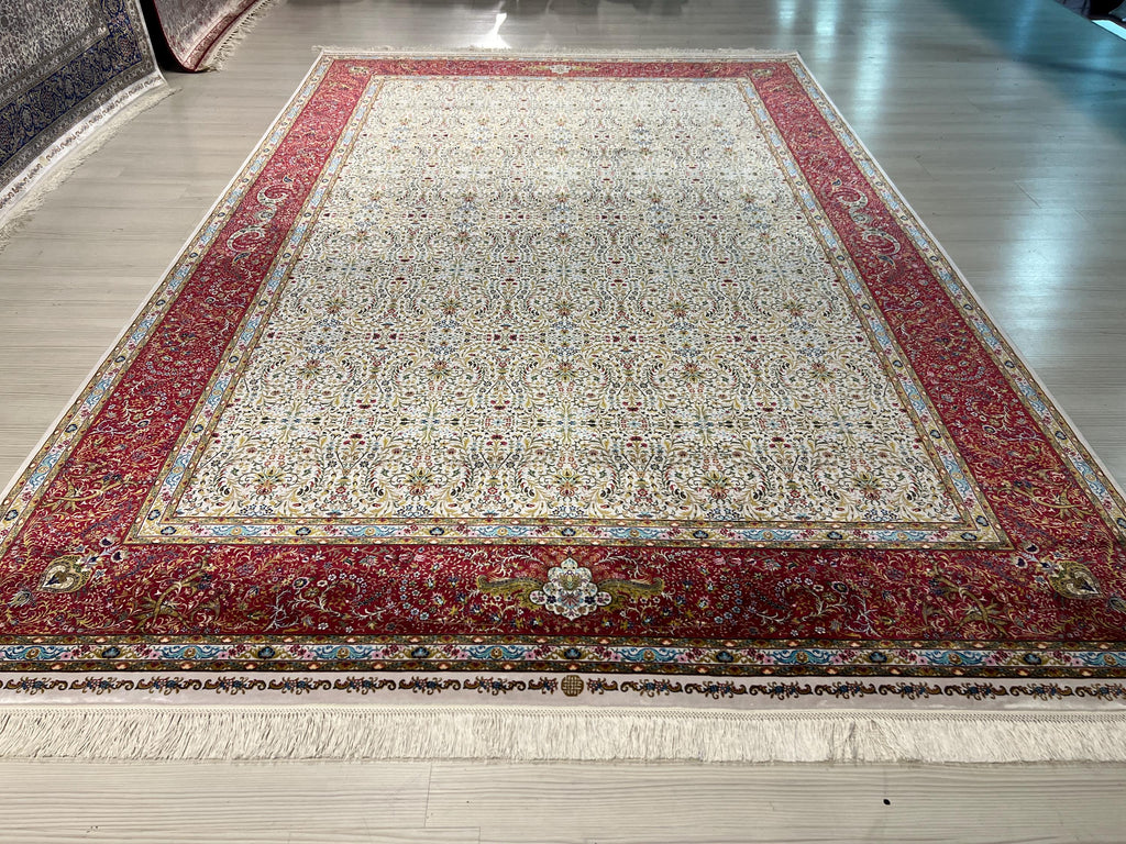 7x10 Modal Silk Turkish Rug, Cream Field with Red Border Classic Oriental Area Rug
