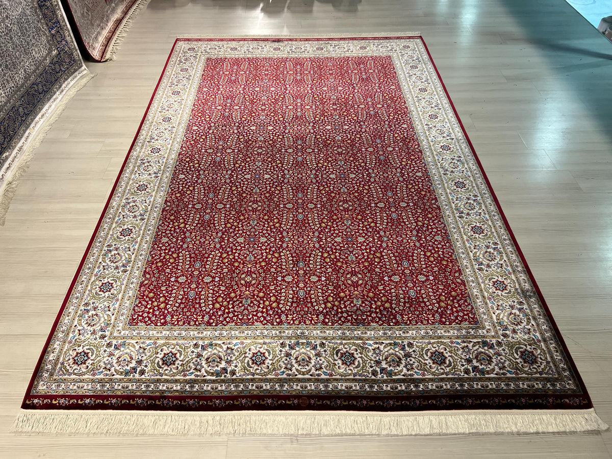 7x10 ft Red Silk  Rug, Floral Design, Luxury Turkish Style Rug