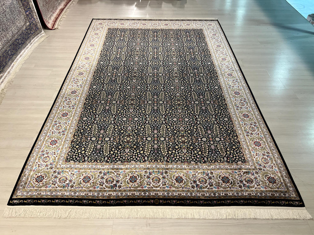 7x10 ft Black Floral Modal Silk Rug, Anatolian Turkish Style Oriental Area Rug