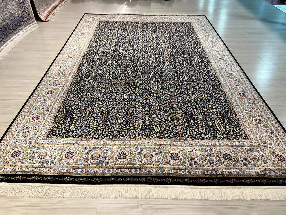 7x10 ft Black Floral Modal Silk Rug, Anatolian Turkish Style Oriental Area Rug