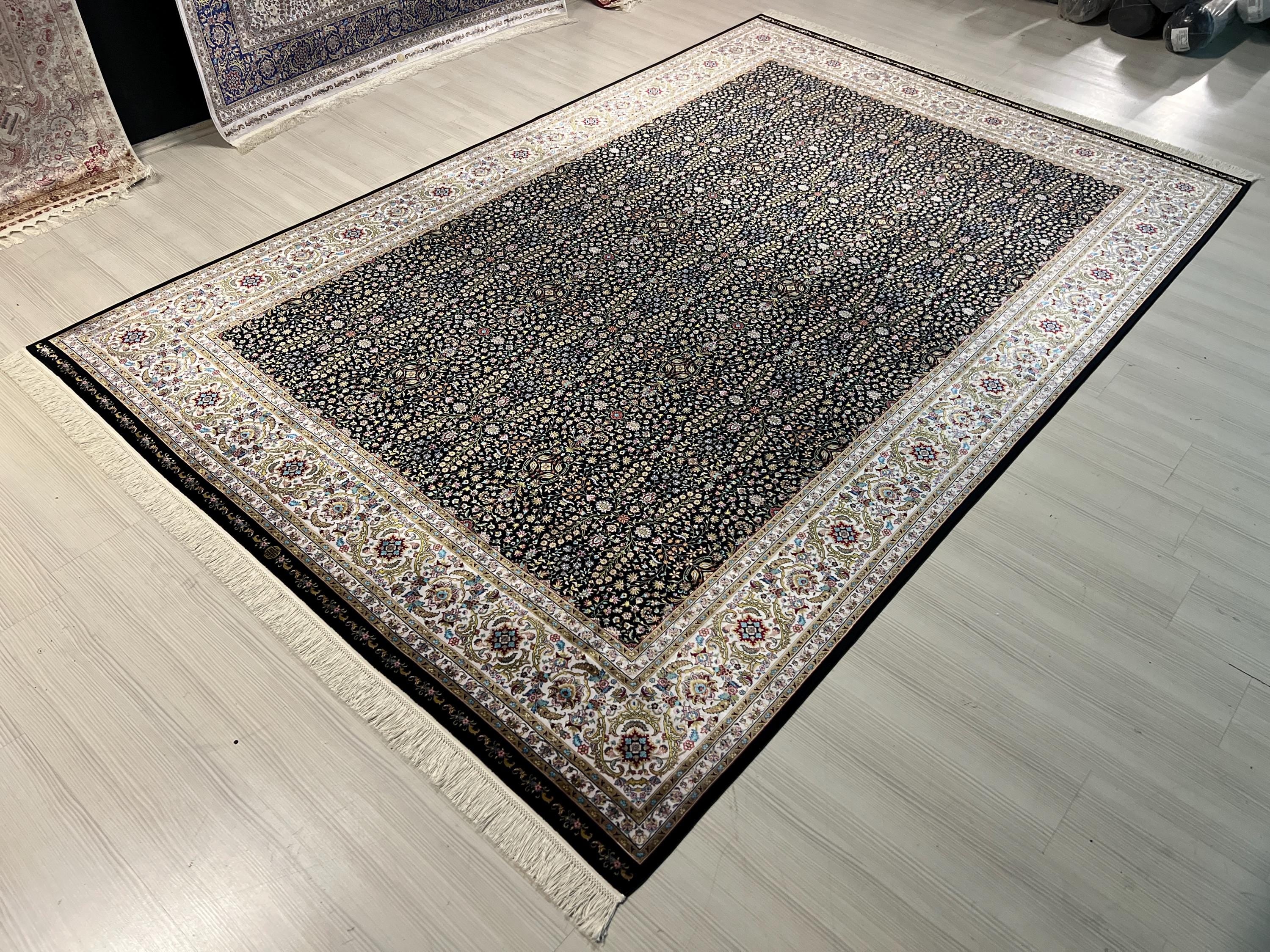 7x10 ft Black Floral Modal Silk Rug, Anatolian Turkish Style Oriental Area Rug