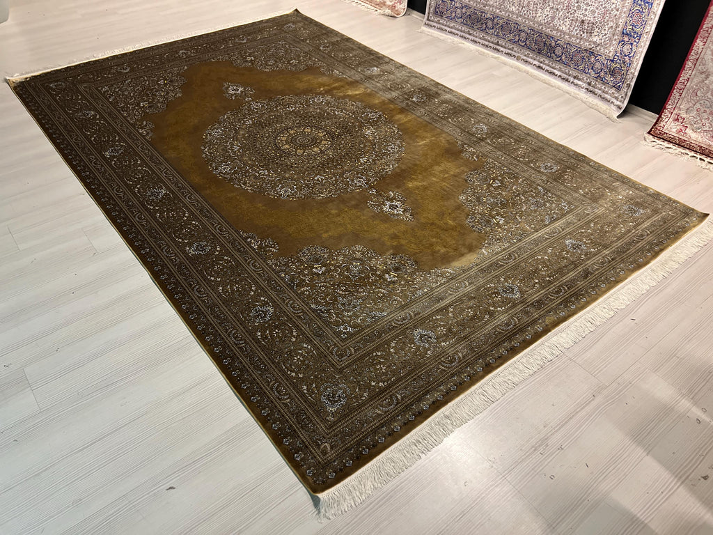 7x10 ft Gold Traditional Silk Rug, Turkish Living Room Carpet