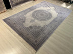 7x10 ft Gray Silk Rug, Blue Medallion Design, Elegant Turkish Area Rug
